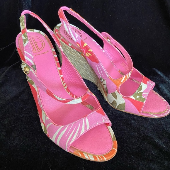 Lilly Pulitzer Espadrille Sling Back Wedge Logo Pink Floral Peep Toe sz 9M - Picture 2 of 13
